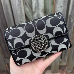 Coach Black Grey Signature Snap Closure Wallet
